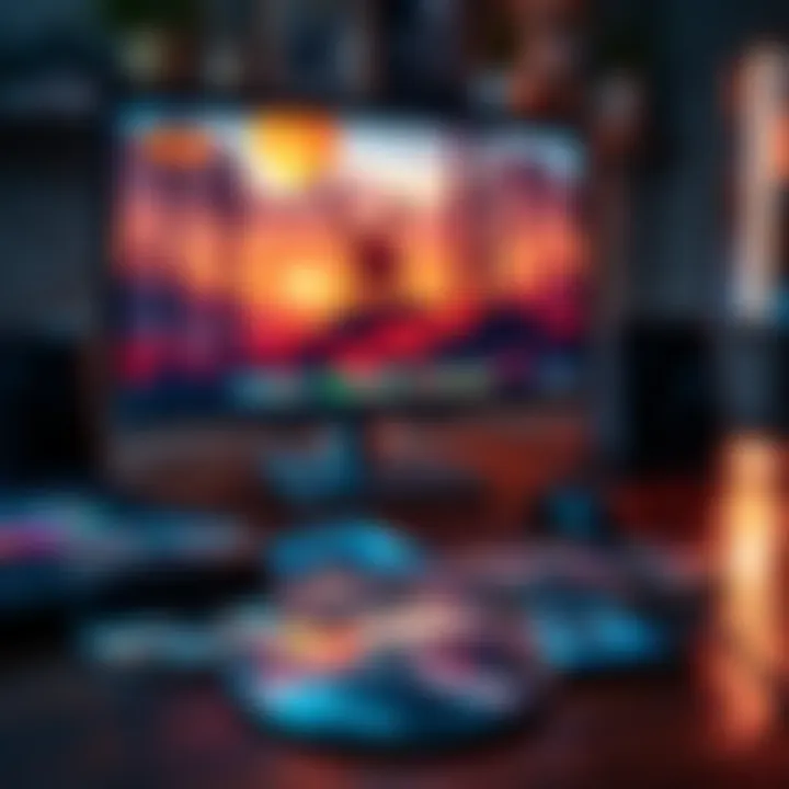 Digital and Physical Game Copies A comparison of digital game downloads on a computer screen and physical game discs on a table, showcasing options for trophy hunters.