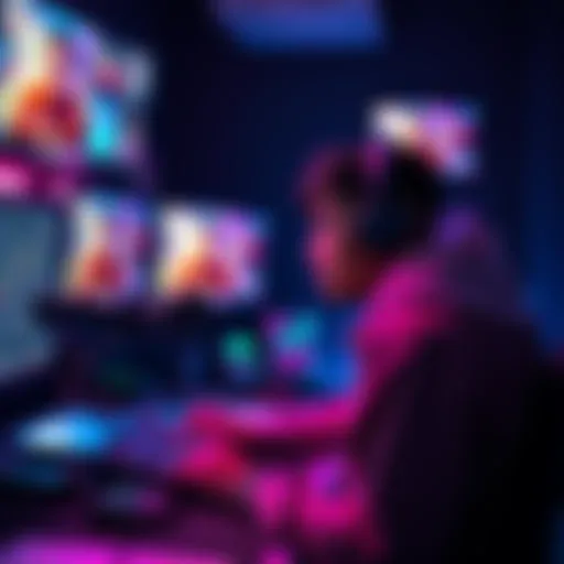 DillaBraxX at his colorful streaming setup with a webcam, microphone, and multiple screens showing his content across social media platforms.