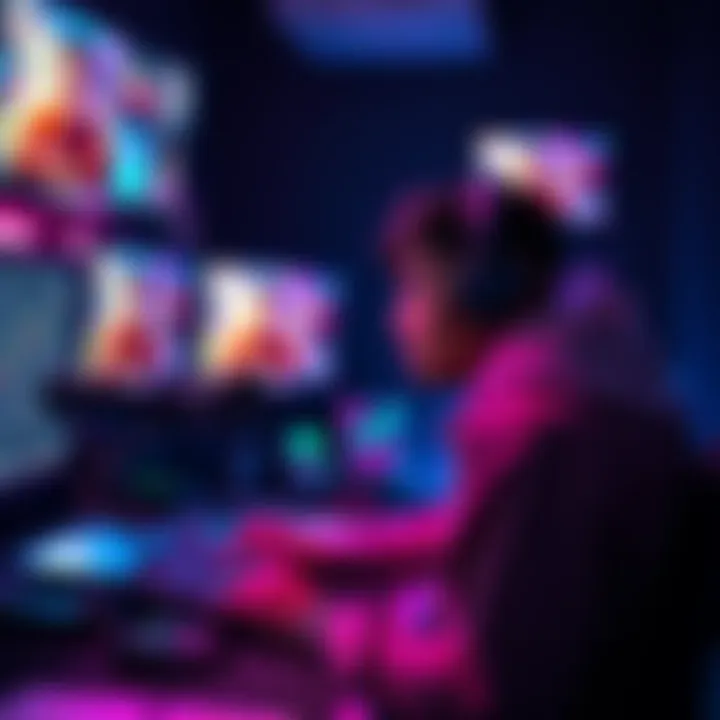 DillaBraxX at his colorful streaming setup with a webcam, microphone, and multiple screens showing his content across social media platforms.