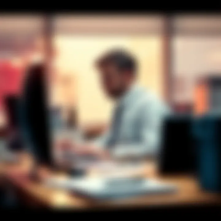 Dimitrescu working in an office setting, focusing on paperwork and a computer