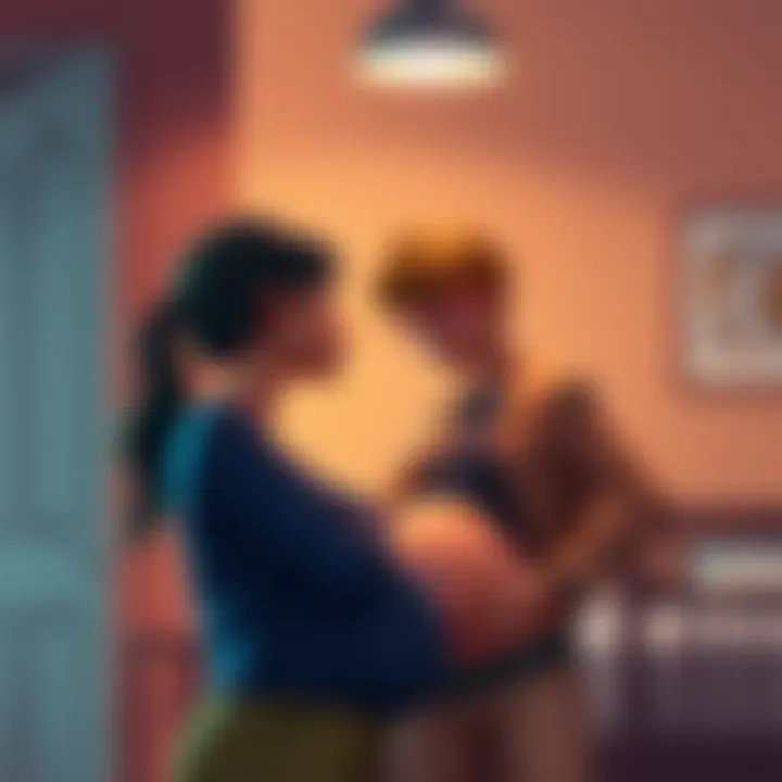 Dina looks thoughtfully at Ellie while touching her belly, showing a mix of emotions. The background shows a quiet, warm space, highlighting their bond.