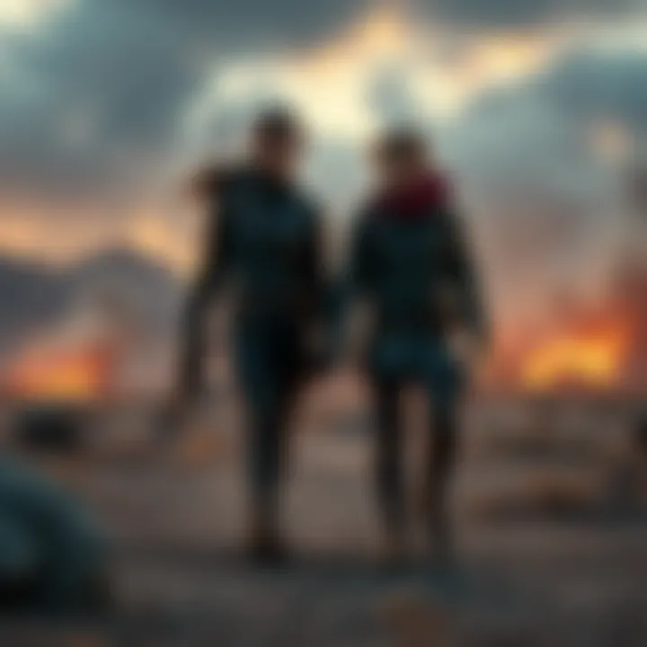 Dina and Tommy in a post-apocalyptic world Dina and Tommy walking together in a desolate landscape, showing their strong bond amid a tough environment