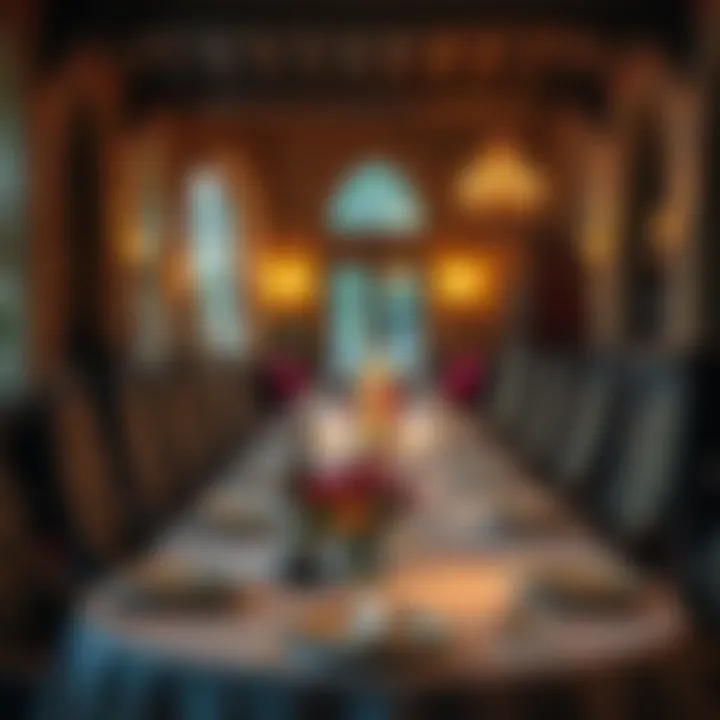 A beautifully set dining table inside Ramsay as Abbey, surrounded by historic decor and soft lighting.
