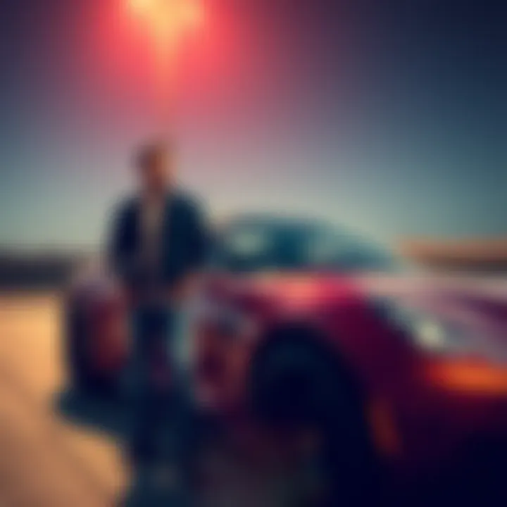 Dino Dinovic standing next to a flashy car, looking unimpressed in a casual outfit, representing his role in the game.