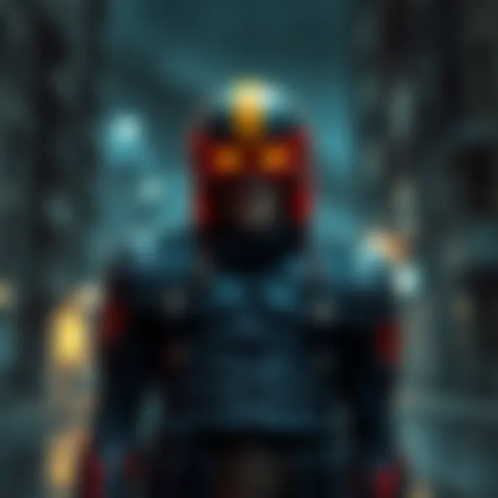 Dino Bosco character standing in a gritty urban environment, inspired by the film Dredd, with a dark and moody atmosphere