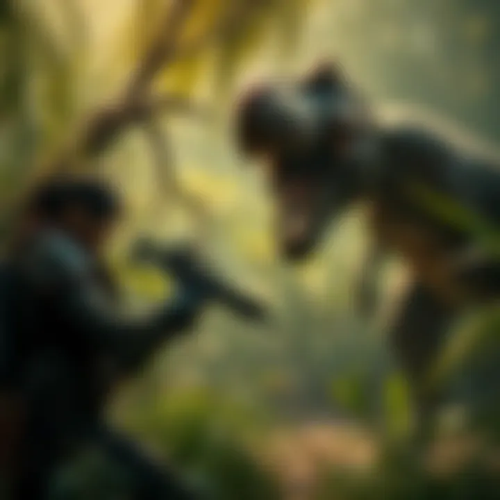 A thrilling encounter with a dinosaur in Dino Crisis, featuring a character aiming a weapon in a jungle setting.