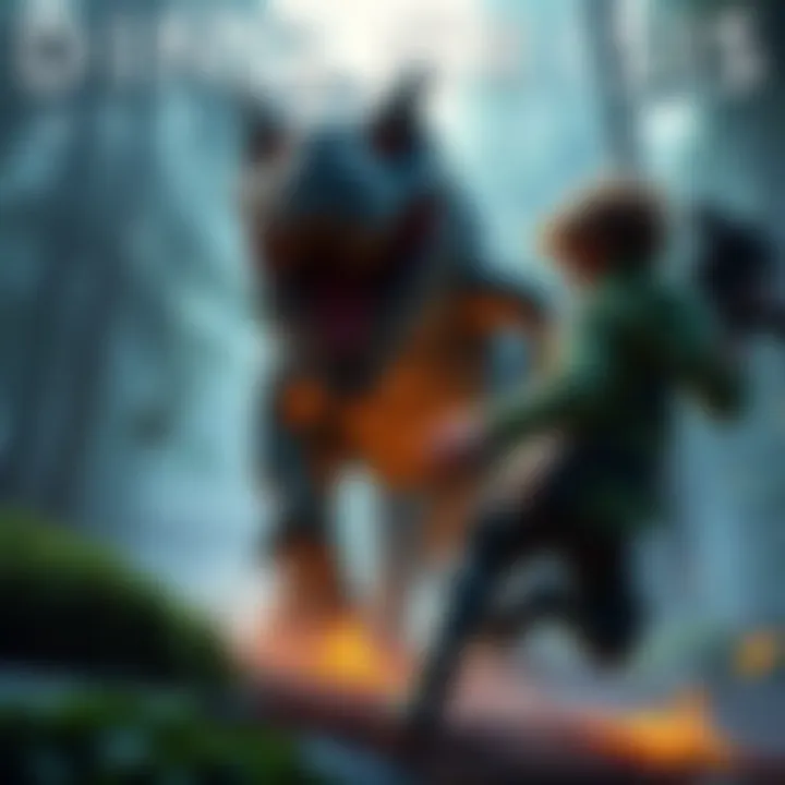 Dino Crisis Movie Concept Art An action scene featuring a dinosaur chasing a character in a forest setting. The character appears determined and armed, while the dinosaur looks fierce and menacing.