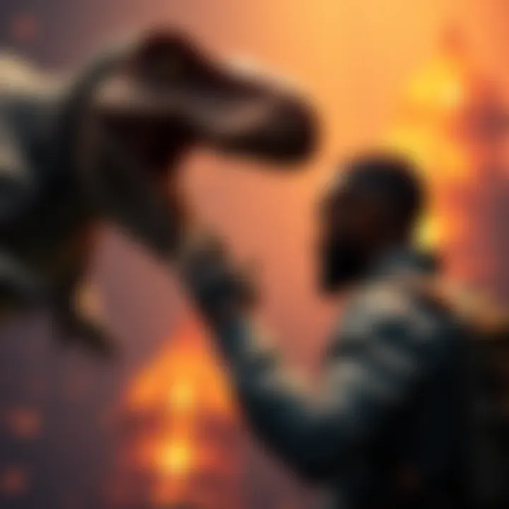 A person facing a dinosaur in a defensive pose, showcasing a tense moment in a game setting.