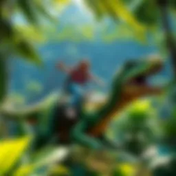 A player riding a vibrant dinosaur in a lush green jungle, surrounded by prehistoric plants and trees, ready for an adventure.