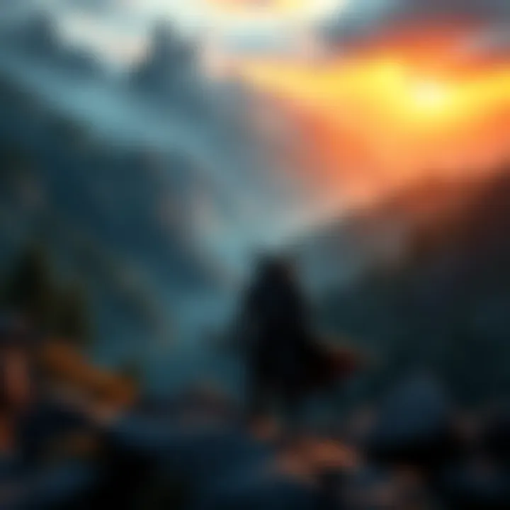 DIO exploring a rugged and mysterious landscape with mountains and dense forests in the background.