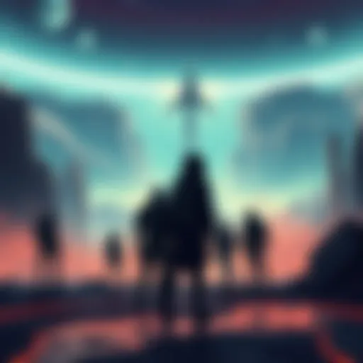A futuristic landscape showing a group of characters contemplating a hidden mission, with hints of technology and a mysterious atmosphere.
