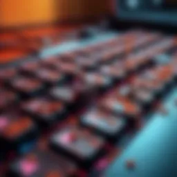 A close-up of a gaming keyboard with dirt and a larvae visible between the keys.
