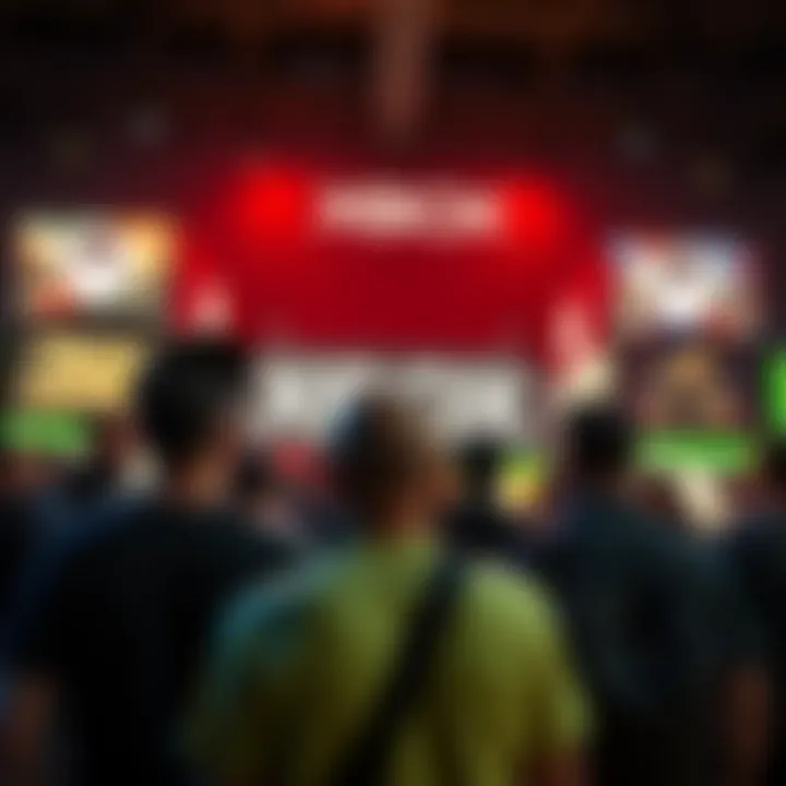 A group of fans looking disappointed at the Xbox Showcase, with empty game trailers in the background