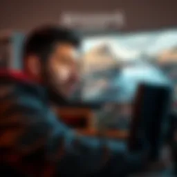 A gamer looking frustrated while playing Assassin's Creed Valhalla, with the game on the screen showing a dull landscape