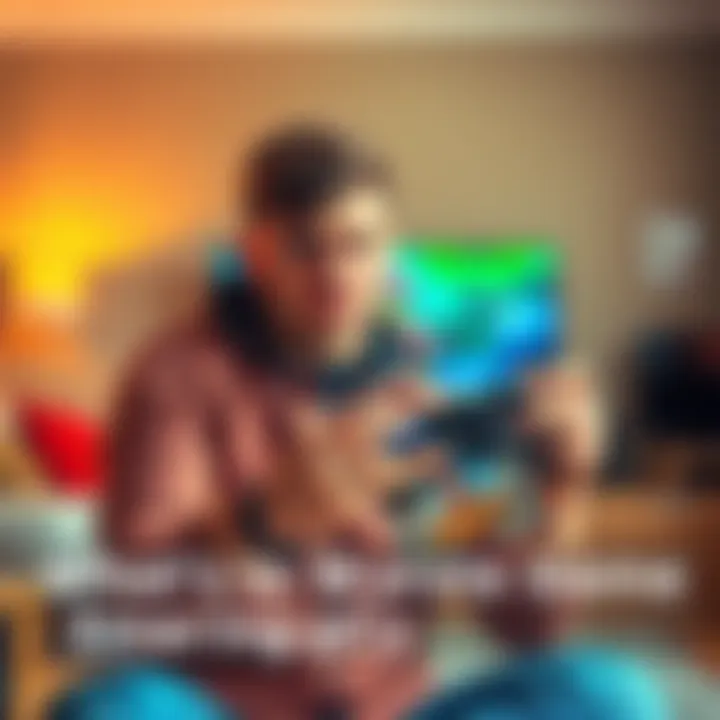 A gamer looks frustrated while holding a poorly rated video game in a living room setting.