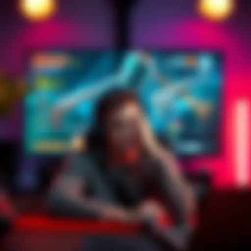 Disappointed gamer after raid A frustrated gamer sits in front of a screen showing a raid game, looking disappointed after failing to receive any exclusive weapons after several runs.