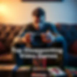 A person sitting on a couch looking frustrated, holding a video game controller with a disheartened expression, surrounded by game cases.