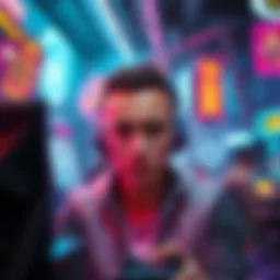 Disappointed Gamer in Futuristic Setting A person looking frustrated while playing a Cyberpunk-style video game, surrounded by neon lights and futuristic graphics, reflecting disappointment with romance options.