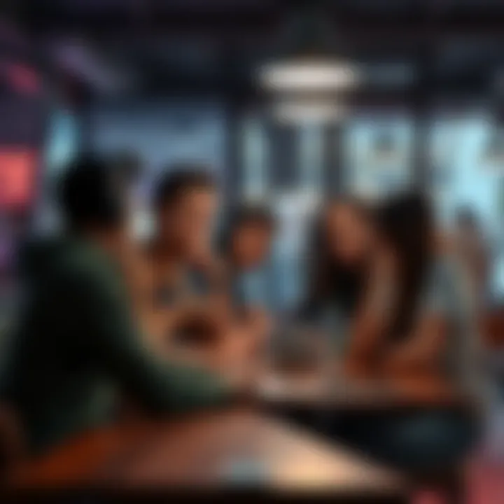 Group of gamers looking frustrated while discussing game clues at a cafe