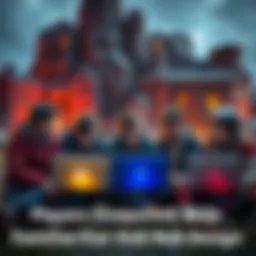 A group of gamers expresses disappointment over the new hub design, sitting together with laptops in front of a rock settlement background, looking frustrated.