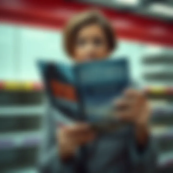 A person looking disappointed while holding a brochure for a matriarch-themed investment project, showcasing a mix of confusion and regret, with empty shelves in the background