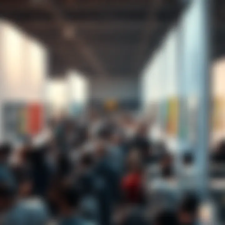 A crowded event space featuring uninspiring art installations that attendees find underwhelming