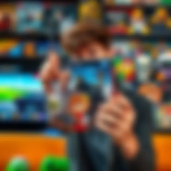 A person holding a box of a video game, looking disappointed. The background shows a collection of various video games.