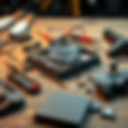 A detailed view of a disassembled PS4 showing its internal components scattered on a work table with tools nearby