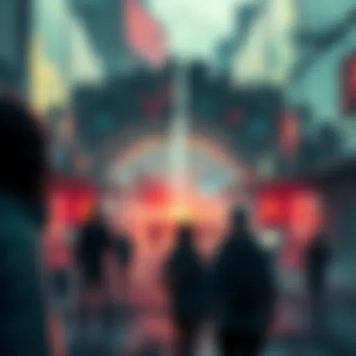 Disco Elysium Theme of Collapse A visually striking scene from Disco Elysium showing characters in a city facing various challenges, depicting the theme of collapse in their world.