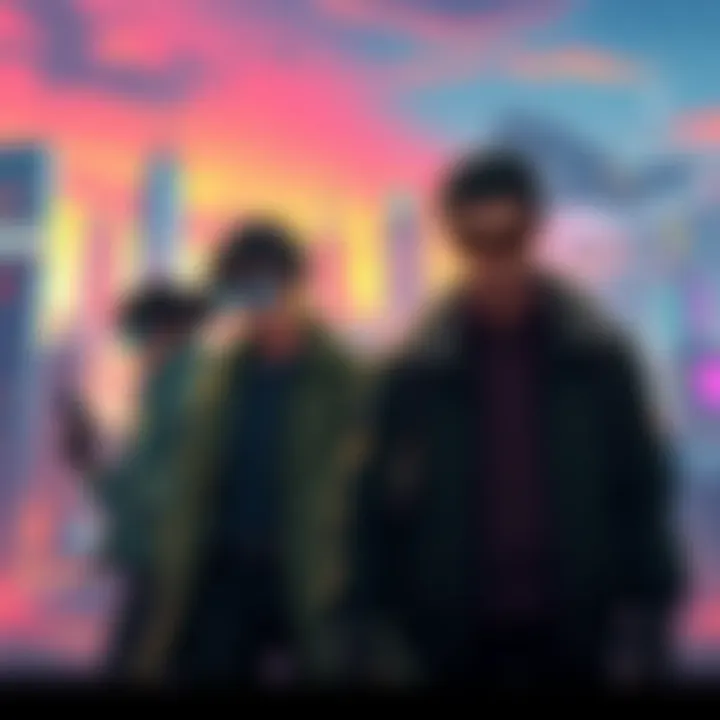 Artwork from Disco Elysium showing key characters and vibrant city scenery
