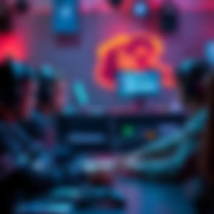 A group of frustrated gamers sitting around a table, looking at their screens with error messages, indicating increased disconnects during matches, showing their disappointment.