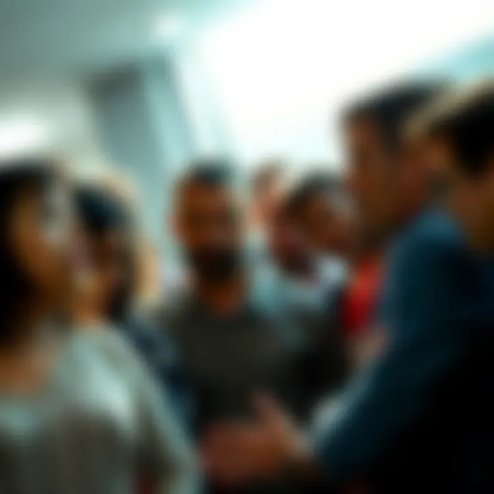 A group of people engaging in a heated debate about El Penetrante, showing diverse expressions of concern and interest.