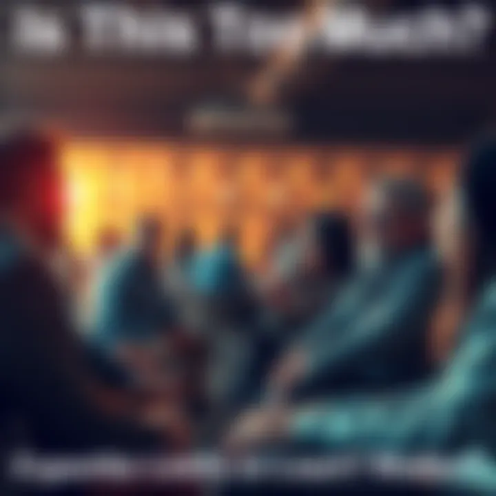 A group of people sitting together, engaged in a serious conversation about daily life pressures and personal expectations.