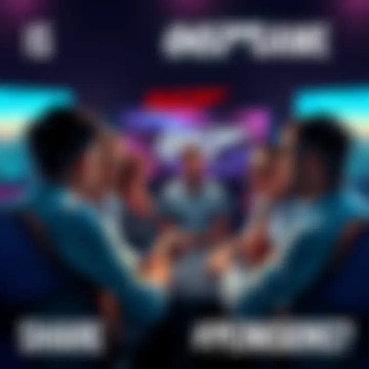 Group of people discussing the latest 007 game with gaming consoles and screens in the background