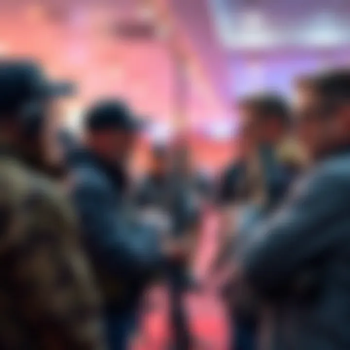 Group of gun enthusiasts talking about the 93R model, focusing on its design features, especially the front and back.