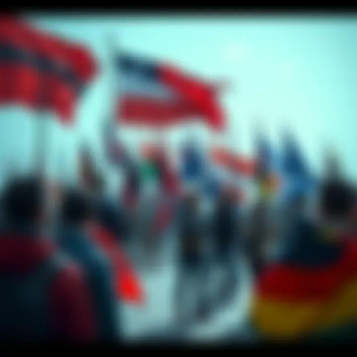 A group discussing controversial flags People gathered in a public space, engaging in a conversation about the implications of offensive flags, with various flags visible in the background.