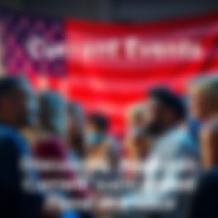 A diverse group of people engaging in conversation about America's current events, with a backdrop of the American flag.
