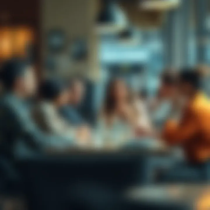 A diverse group of people engaged in a lively discussion about events and knowledge at a café table.
