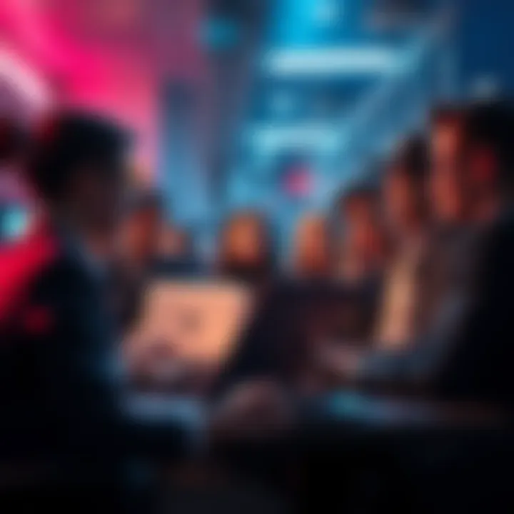 A group of people discussing the absence of a participant from the Talon meeting, looking concerned and curious. Some have laptops open and others are talking animatedly.