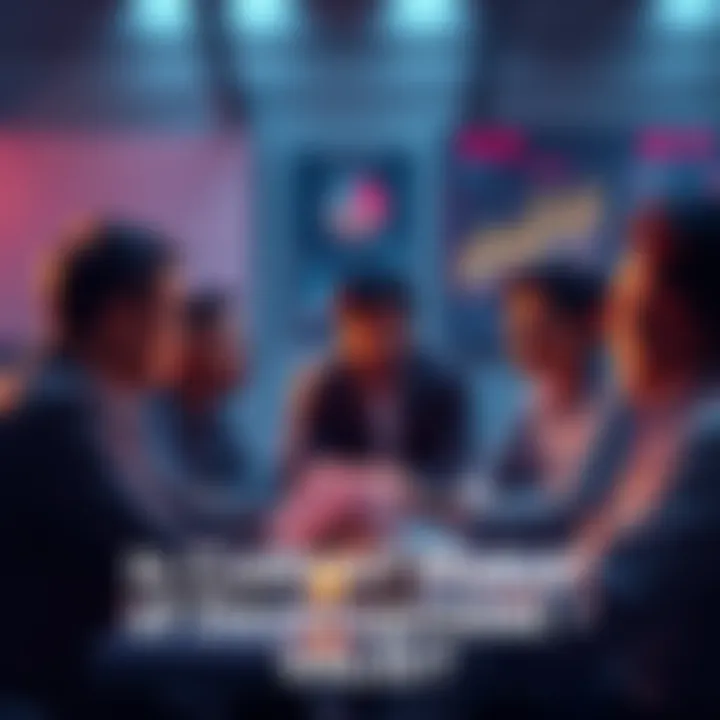 People engaging in a discussion about the current phase of development, with charts and graphs in the background.