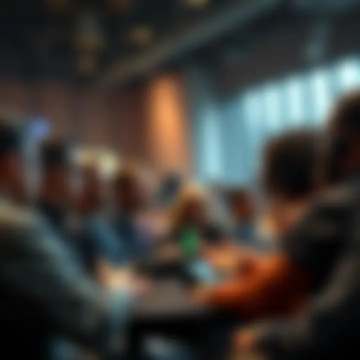 A group of people sharing their opinions about various weapons in a forum setting, showcasing enthusiasm and engagement.