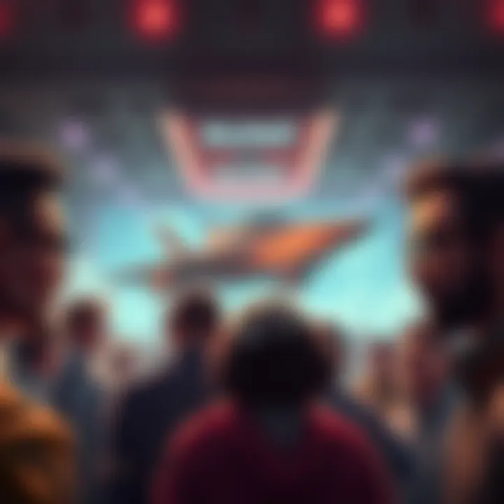 A crowd of people discussing the next ship Flyut, with expressions of curiosity and excitement