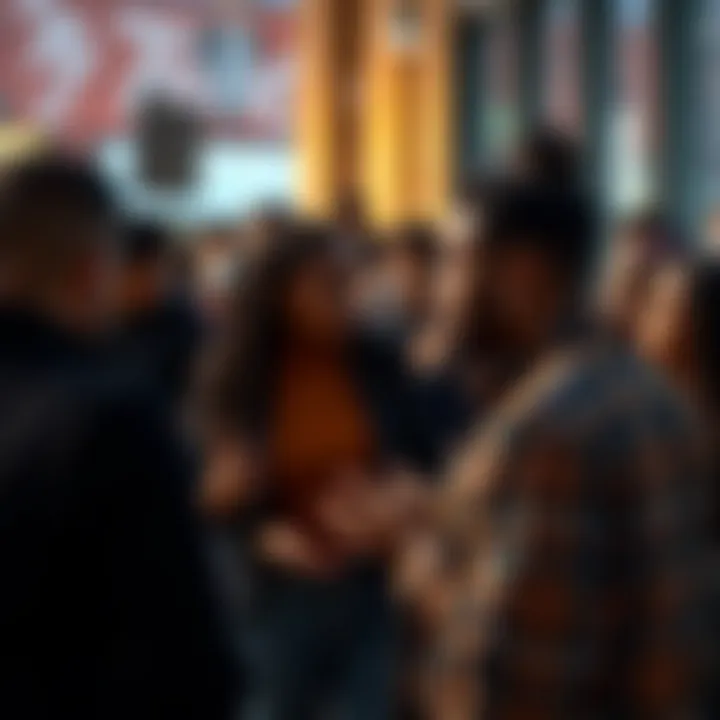 A diverse group of people engaging in a heated discussion about privilege and race in a public setting.