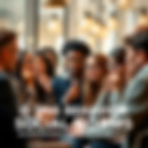 A group of diverse people engaging in a conversation about acceptable behavior in society, with thoughtful expressions and animated gestures.