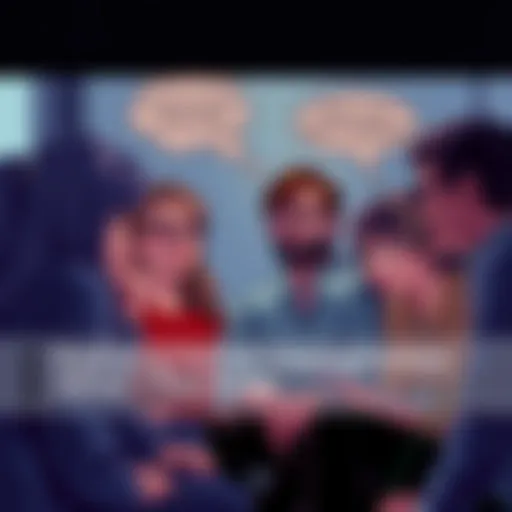 A group of people sharing thoughts about V's possible names, with speech bubbles and nostalgic expressions