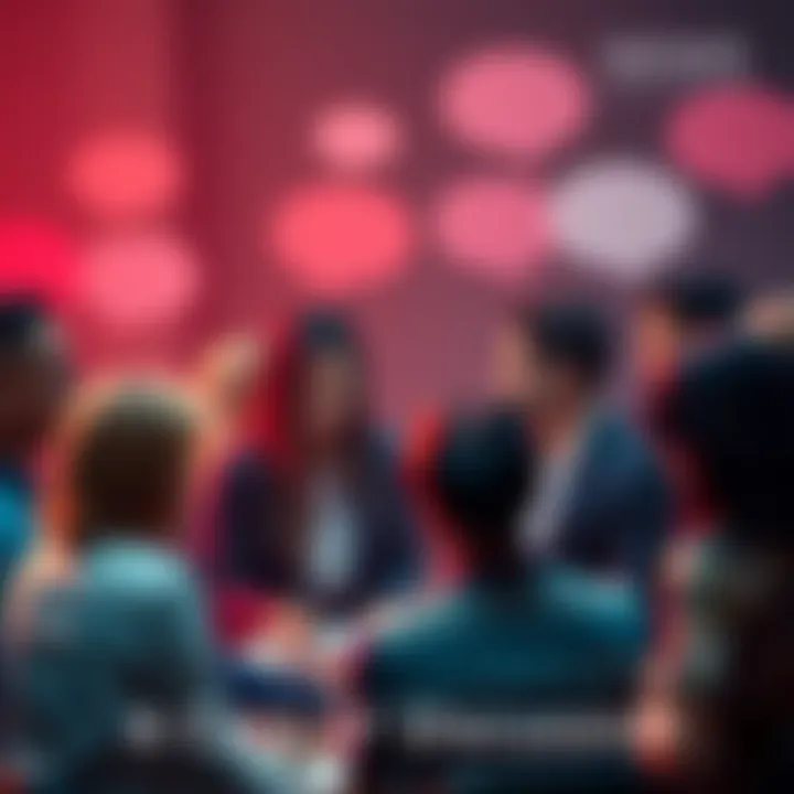 Discussion on Important Topics People engaging in a discussion about various topics with speech bubbles around them