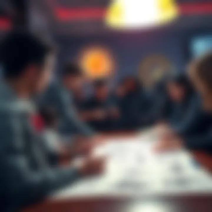 A group of people discussing potential game classes with sketches of characters, weapons, and armor types on a table.