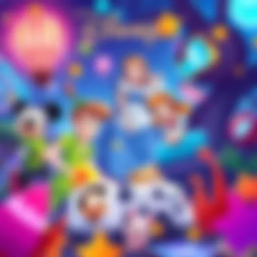 Disney Characters in Video Game Art A colorful illustration featuring iconic Disney characters like Peter Pan and Alice in Wonderland in a video game setting, showcasing creative game concepts.