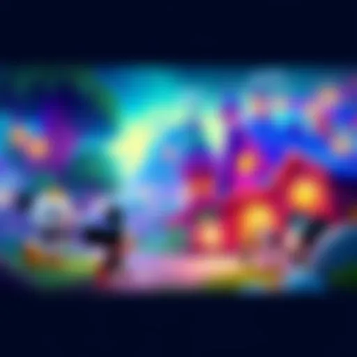 Colorful game scene from Disney Dreamlight Valley featuring popular Disney characters interacting in a vibrant world