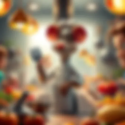 A lively scene featuring a chef mouse in a kitchen with cooking utensils and ingredients, symbolizing a new Disney Ratatouille project, surrounded by excited fans, creating a fun atmosphere.